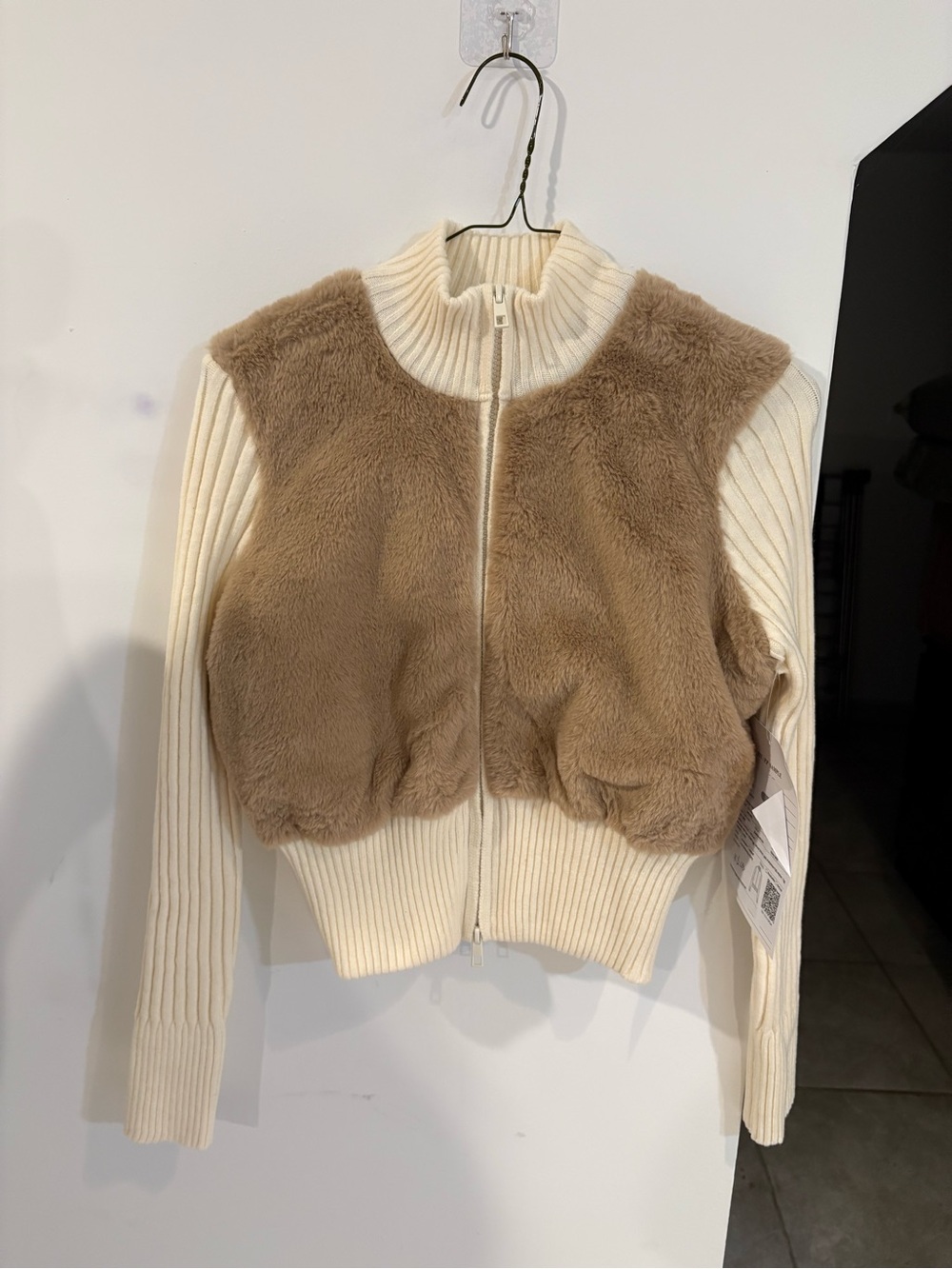 Cream Ribbed Jacket with Tan Faux-Fur Front Panel